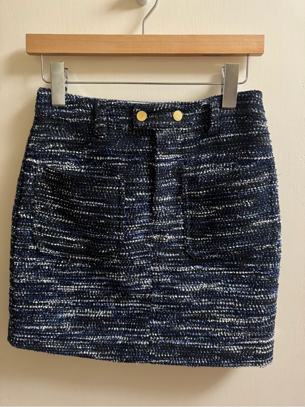 Scotch & Soda Navy and White Tweed Mini Skirt with Gold Buttons